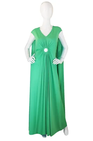 1970s Green Caped Jersey Maxi with Cut Out