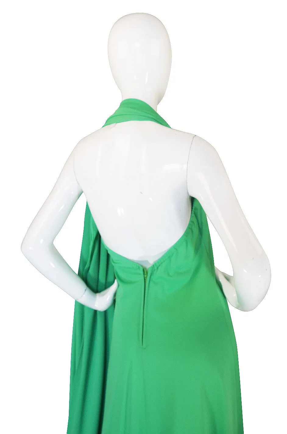 1970s Green Caped Jersey Maxi with Cut Out