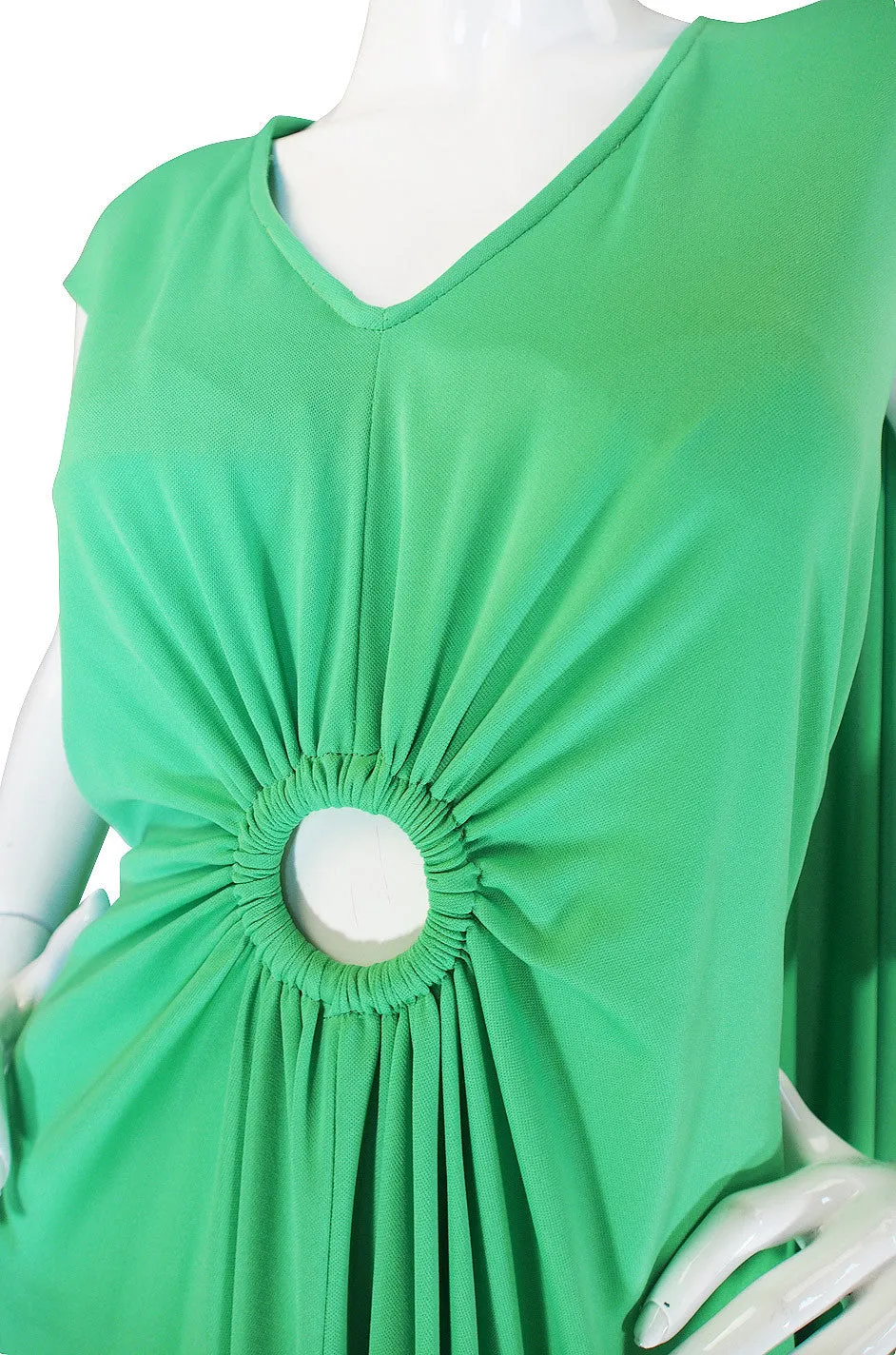 1970s Green Caped Jersey Maxi with Cut Out