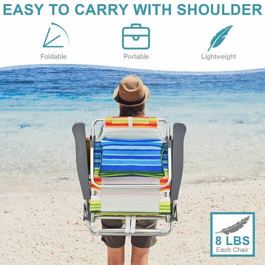 2-Pack Folding Backpack Beach Chair 5-Position Outdoor Reclining Chairs with Pil
