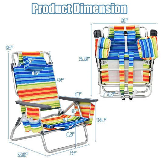 2-Pack Folding Backpack Beach Chair 5-Position Outdoor Reclining Chairs with Pil