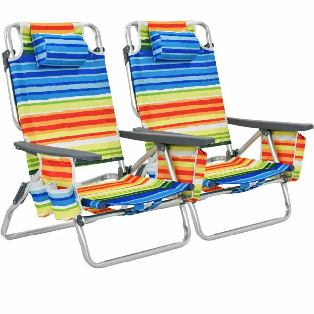 2-Pack Folding Backpack Beach Chair 5-Position Outdoor Reclining Chairs with Pil