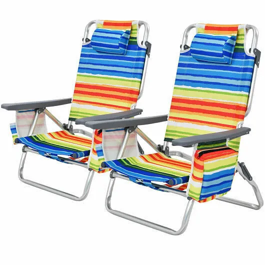2-Pack Folding Backpack Beach Chair 5-Position Outdoor Reclining Chairs with Pil
