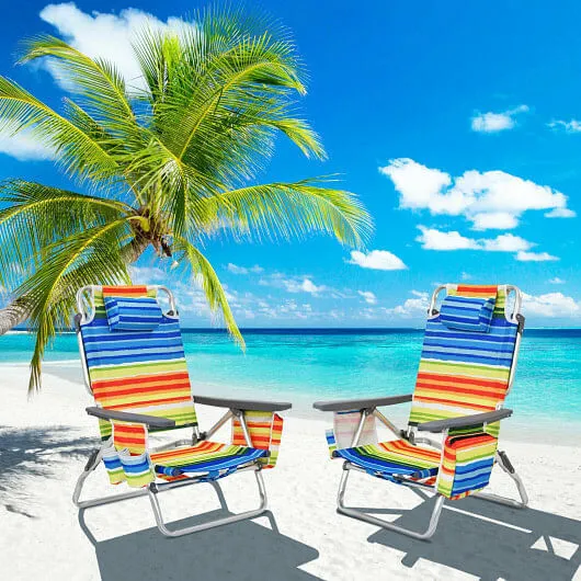 2-Pack Folding Backpack Beach Chair 5-Position Outdoor Reclining Chairs with Pil