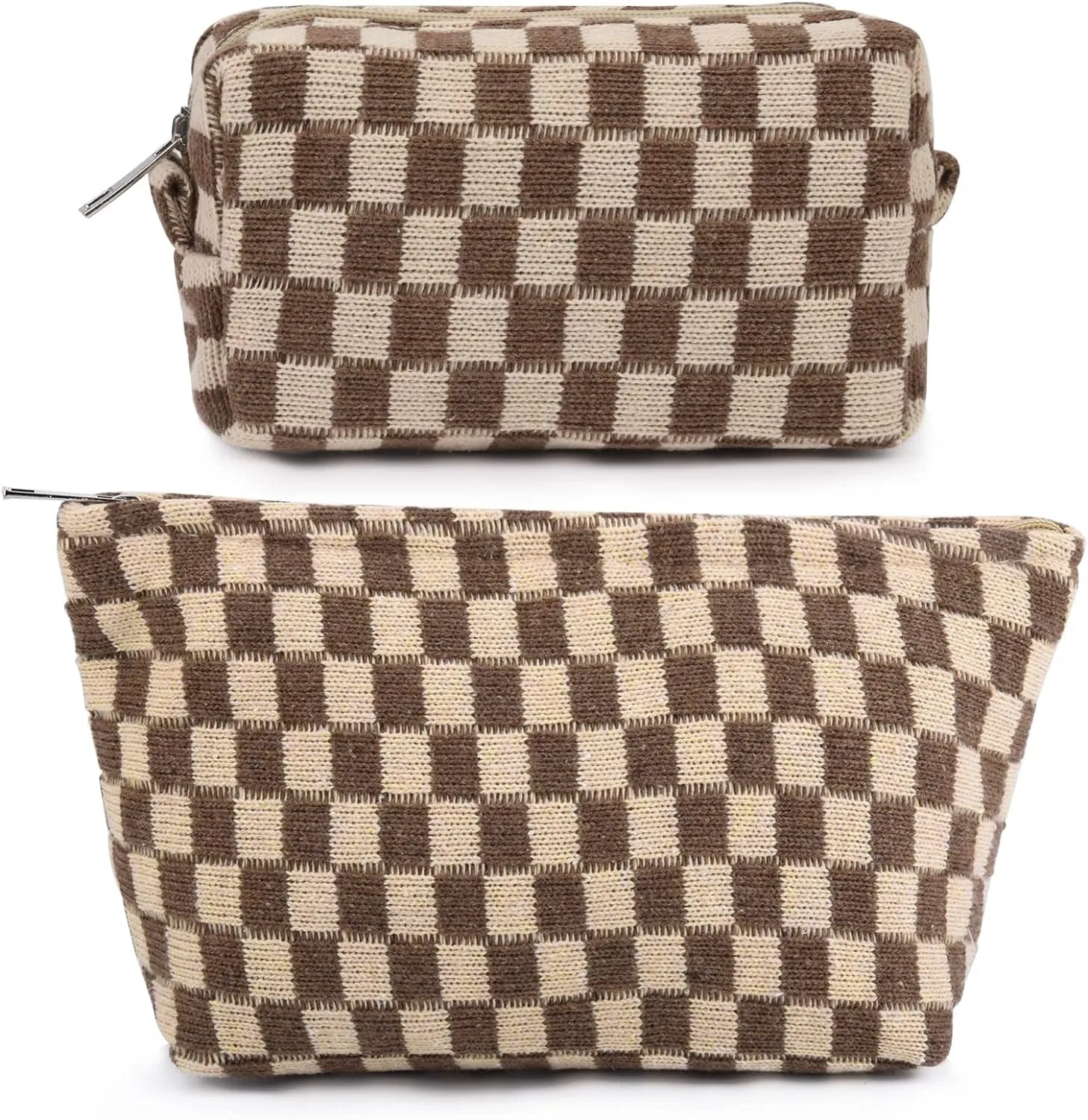 2 Pieces Makeup Bag Large Checkered Cosmetic Bag Capacity Canvas Mix Travel Toiletry Bag Organizer Cute Makeup Brushes Aesthetic Accessories Storage Bag for Women, Checkered Mix Rose Red