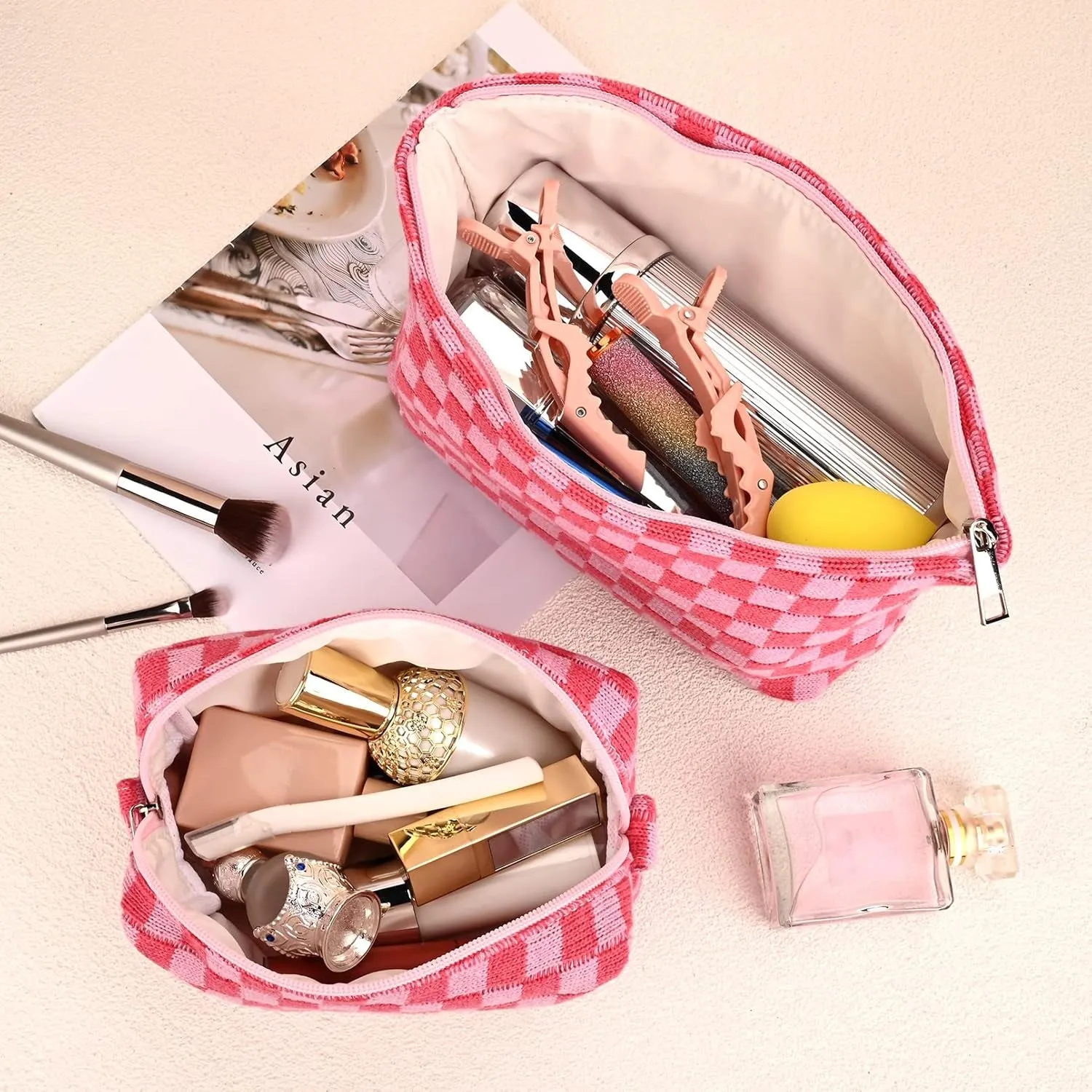 2 Pieces Makeup Bag Large Checkered Cosmetic Bag Capacity Canvas Mix Travel Toiletry Bag Organizer Cute Makeup Brushes Aesthetic Accessories Storage Bag for Women, Checkered Mix Rose Red