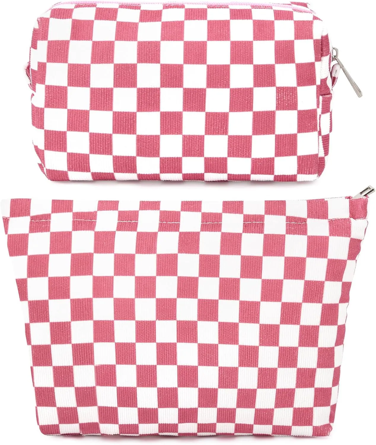 2 Pieces Makeup Bag Large Checkered Cosmetic Bag Capacity Canvas Mix Travel Toiletry Bag Organizer Cute Makeup Brushes Aesthetic Accessories Storage Bag for Women, Checkered Mix Rose Red