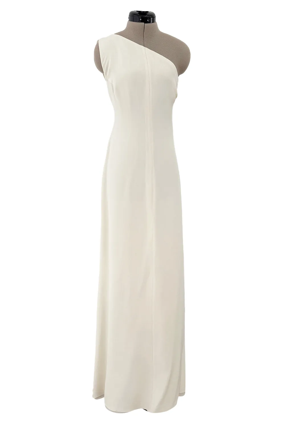 2010s Valentino Ivory Silk Crepe One Shoulder Dress w Draped Back & Rhinestone Buckle