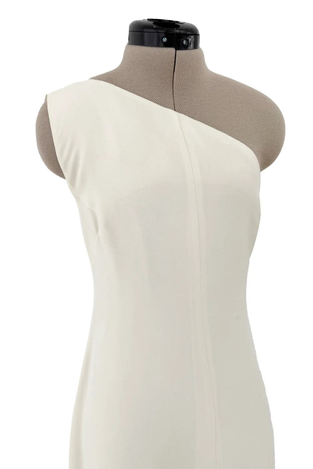 2010s Valentino Ivory Silk Crepe One Shoulder Dress w Draped Back & Rhinestone Buckle