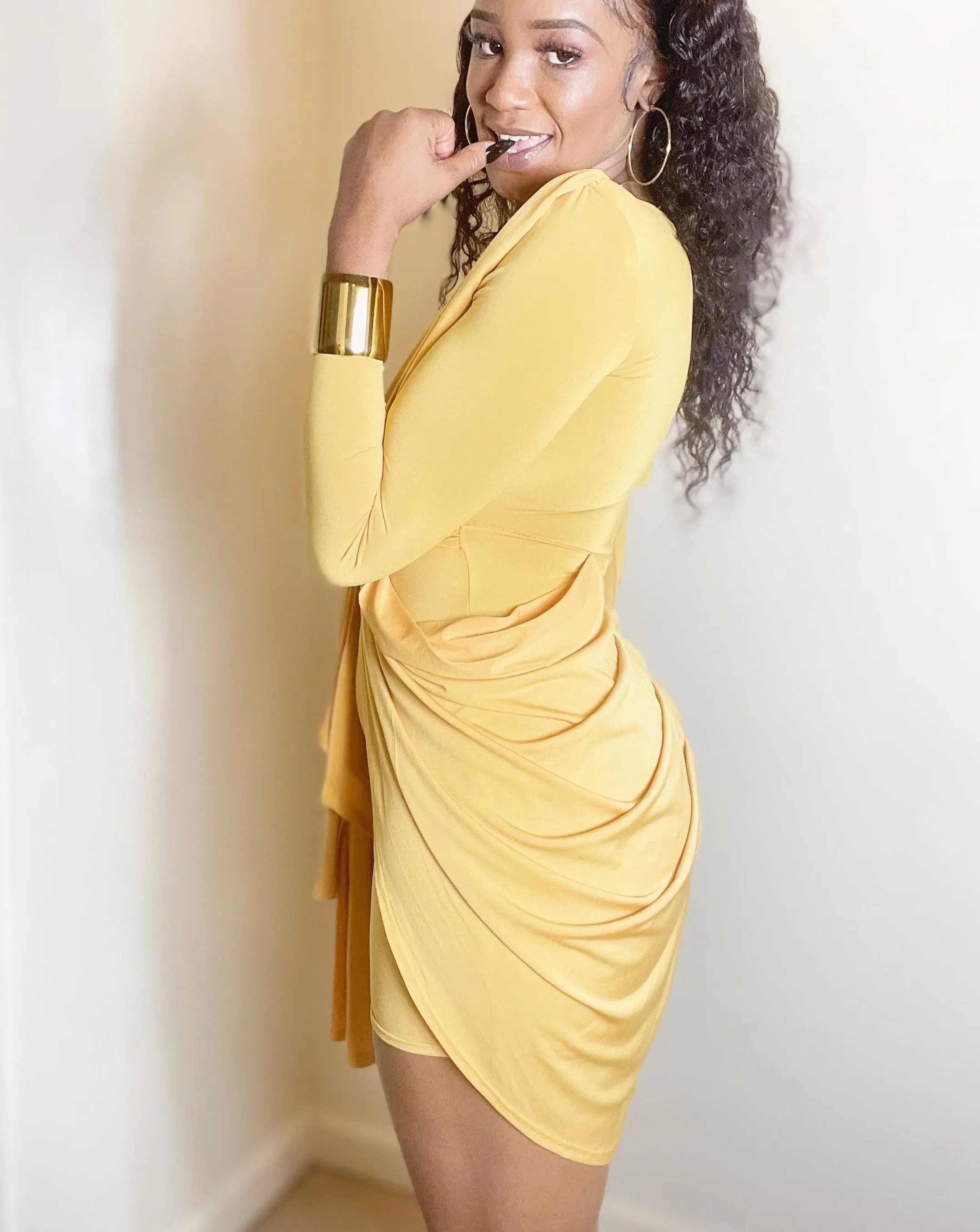 24K Mustard Yellow Shoulder Pad Women's Dress