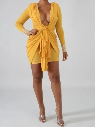 24K Mustard Yellow Shoulder Pad Women's Dress