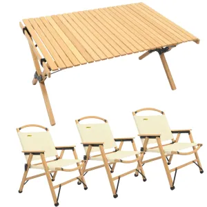 3 Chairs & 1 Table Set Bamboo Camping Folding Portable Outdoor Picnic Travel BBQ