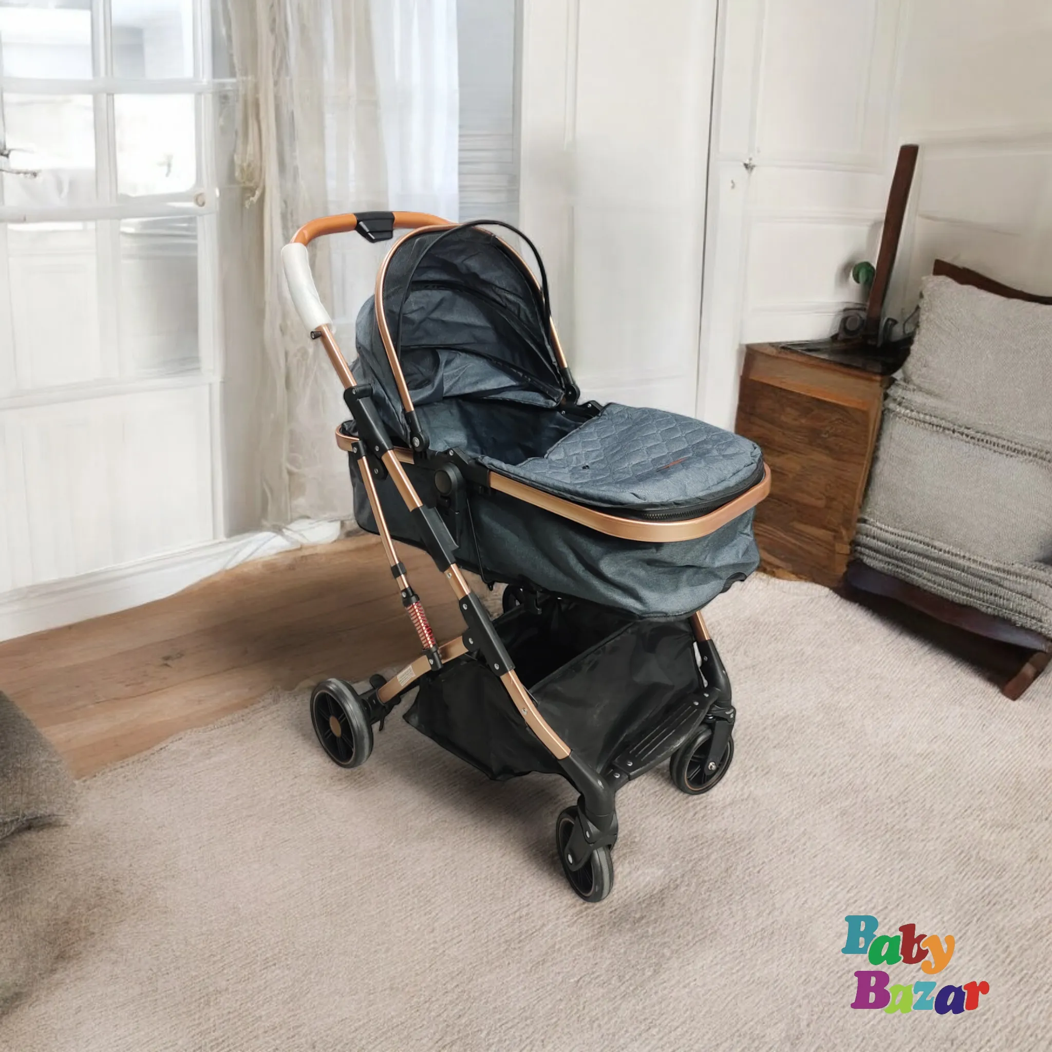 3-in-1 Multi-Functional Baby Stroller with Reversible Handle, Adjustable Recline, and Large Storage Basket