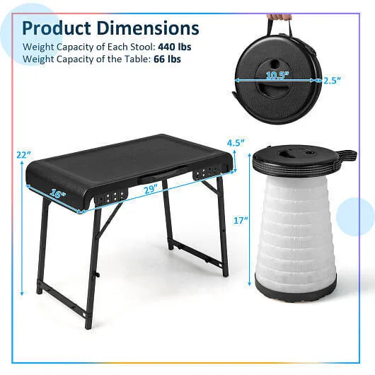 3 Pieces Folding Camping Table Stool Set with 2 Retractable LED Stools-Black - C