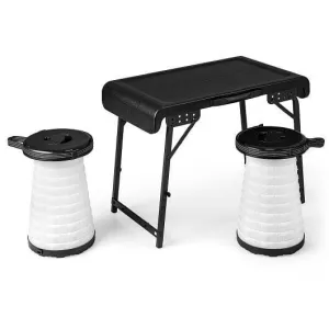 3 Pieces Folding Camping Table Stool Set with 2 Retractable LED Stools-Black - C