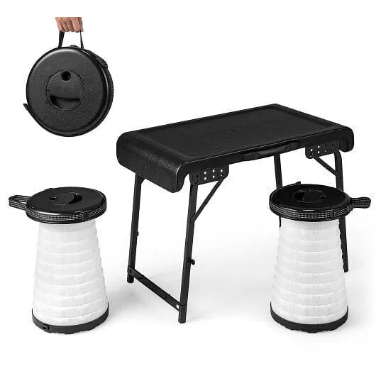 3 Pieces Folding Camping Table Stool Set with 2 Retractable LED Stools-Black - C