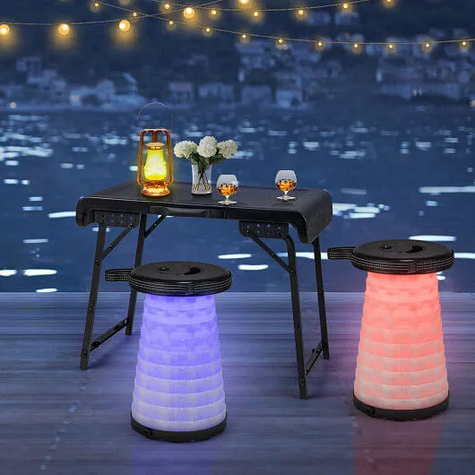 3 Pieces Folding Camping Table Stool Set with 2 Retractable LED Stools-Black - C