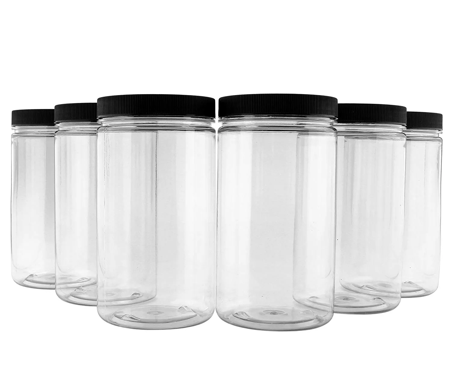 32oz Clear Plastic Jars with Black Ribbed Lids (6 pack): BPA Free PET Quart Size Canisters for Kitchen & Household Storage of Dry Goods, Peanut Butter, and More
