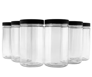 32oz Clear Plastic Jars with Black Ribbed Lids (6 pack): BPA Free PET Quart Size Canisters for Kitchen & Household Storage of Dry Goods, Peanut Butter, and More