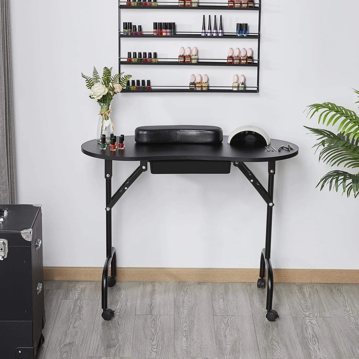 37-Inch Portable & Foldable Manicure Table Nail Desk Workstation with Large Drawer/Client Wrist Pad/Controllable Wheels/Carrying Case for Spa Beauty Salon Black