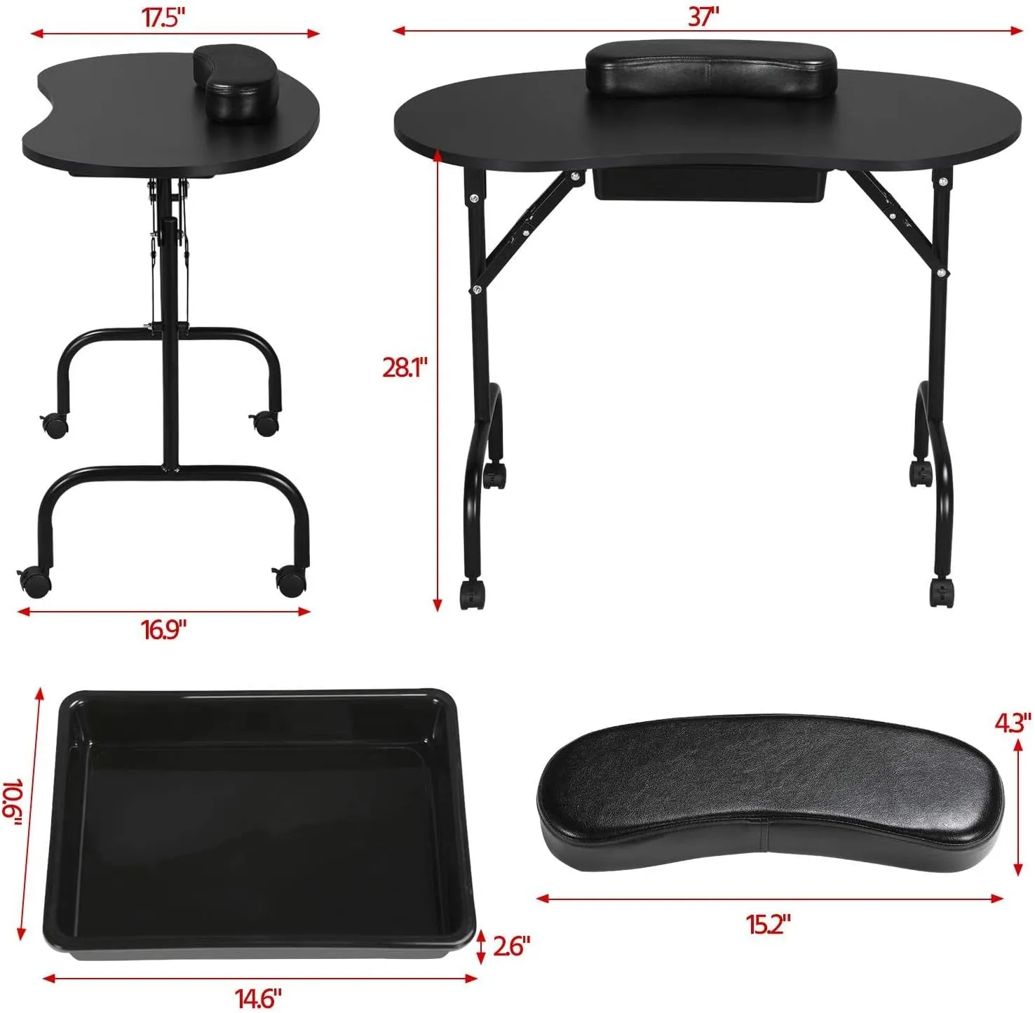 37-Inch Portable & Foldable Manicure Table Nail Desk Workstation with Large Drawer/Client Wrist Pad/Controllable Wheels/Carrying Case for Spa Beauty Salon Black