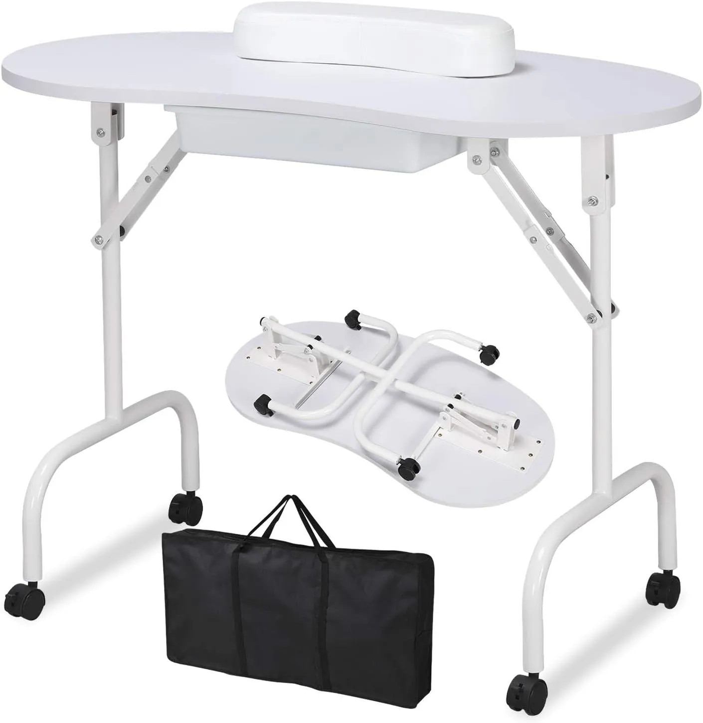 37-Inch Portable & Foldable Manicure Table Nail Desk Workstation with Large Drawer/Client Wrist Pad/Controllable Wheels/Carrying Case for Spa Beauty Salon Black