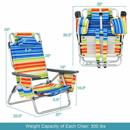 4-Pack 5-Position Outdoor Folding Backpack Beach Reclining Chair with Pillow-Yel
