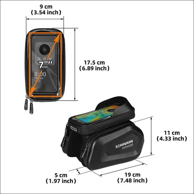 7 inch waterproof hard shell bike front frame bag with touch screen - top tube storage organizer