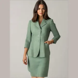 90s 2PC LE SUIT LINEN GREEN LUXURY 3/4 SLEEVES FITTED BLAZER PENCIL SKIRT SZ 8