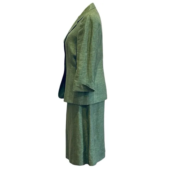 90s 2PC LE SUIT LINEN GREEN LUXURY 3/4 SLEEVES FITTED BLAZER PENCIL SKIRT SZ 8