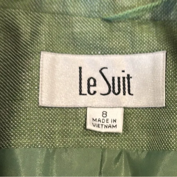 90s 2PC LE SUIT LINEN GREEN LUXURY 3/4 SLEEVES FITTED BLAZER PENCIL SKIRT SZ 8