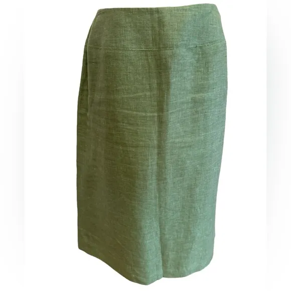 90s 2PC LE SUIT LINEN GREEN LUXURY 3/4 SLEEVES FITTED BLAZER PENCIL SKIRT SZ 8