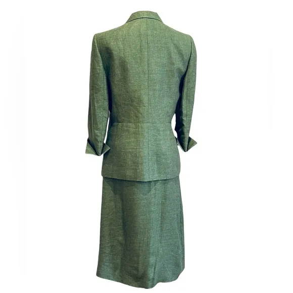 90s 2PC LE SUIT LINEN GREEN LUXURY 3/4 SLEEVES FITTED BLAZER PENCIL SKIRT SZ 8