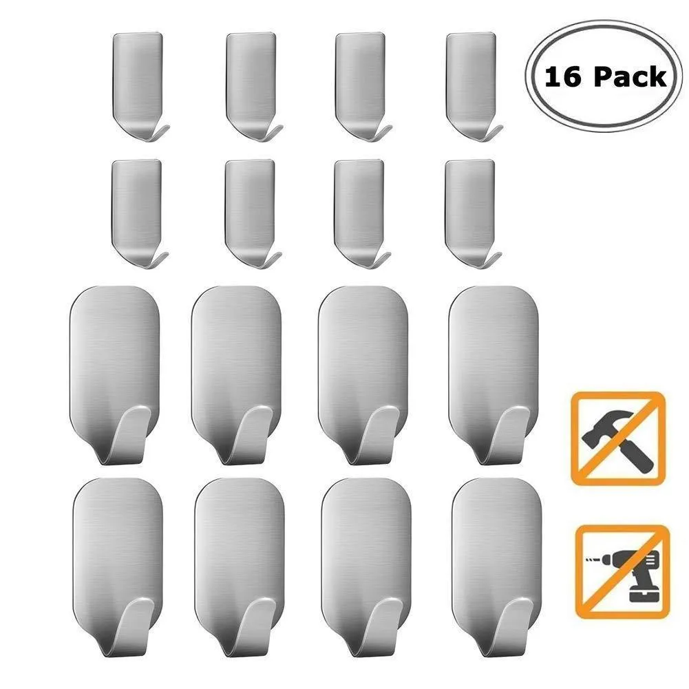 Adhesive Hooks, Heavy Duty Wall Hooks, Stainless Steel Waterproof Hanger for Kitchen, Bathroom, Bags, Towel, Coat, Keys, Robe, Home, Offices(8 Small   8 Big)