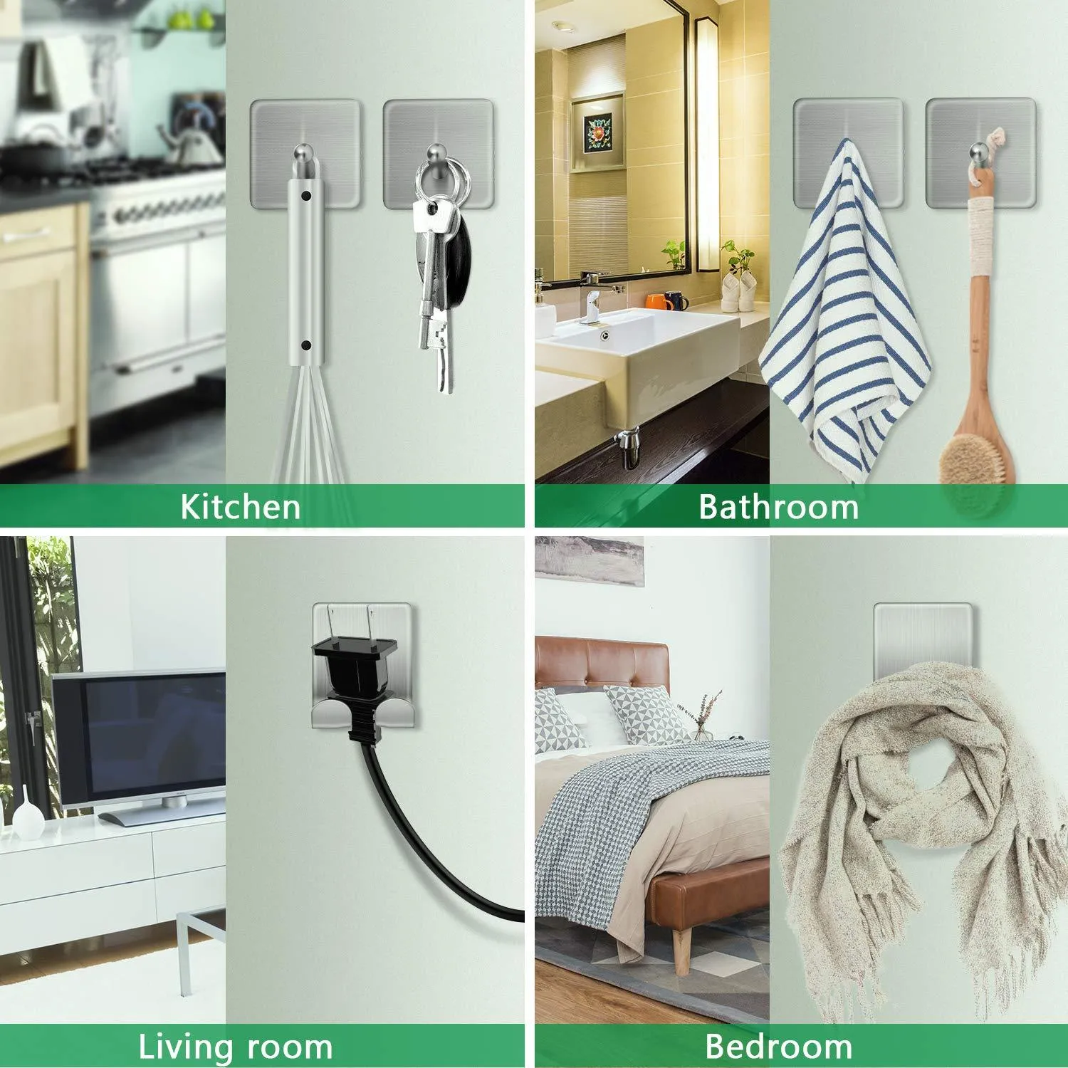 Adhesive Hooks,Stainless Steel Wall Hooks Hanger, 4 Key Hooks and 2 Plug Holder Hook|Double Hooks for Hanging Kitchen Bathroom Office