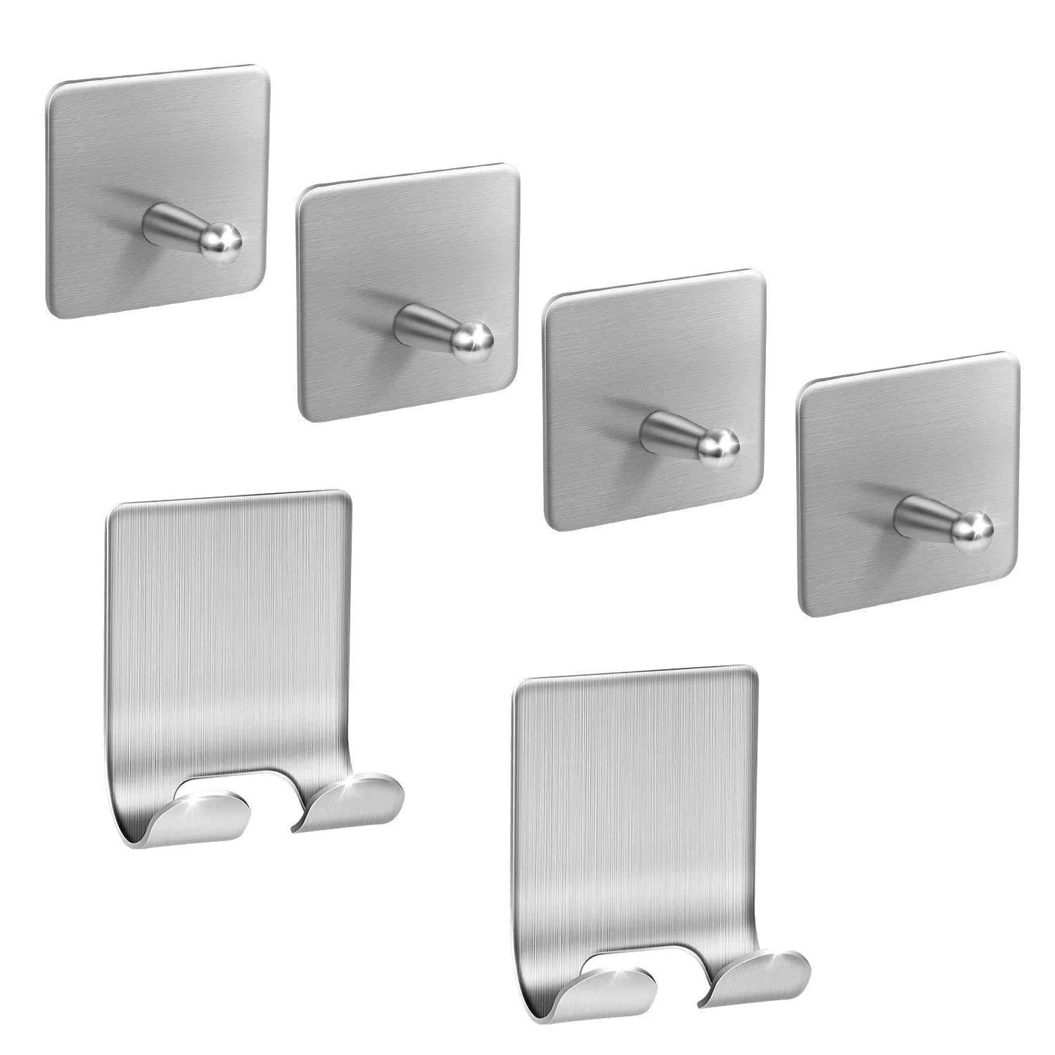 Adhesive Hooks,Stainless Steel Wall Hooks Hanger, 4 Key Hooks and 2 Plug Holder Hook|Double Hooks for Hanging Kitchen Bathroom Office