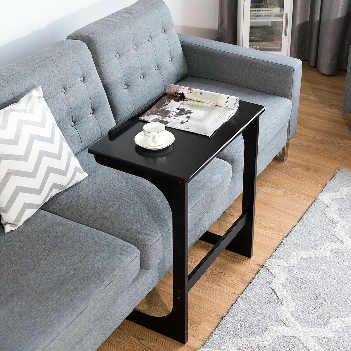 Adjustable C-Shape Couch End Table wth Tilting Top-Brown - Color: Brown