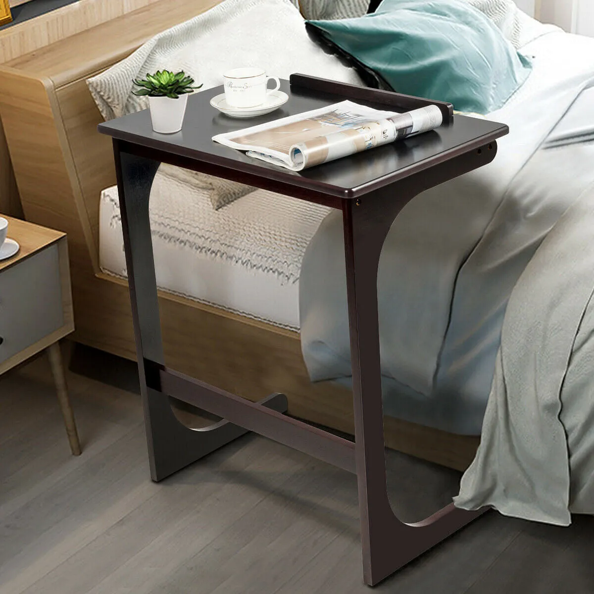 Adjustable C-Shape Couch End Table wth Tilting Top-Brown - Color: Brown