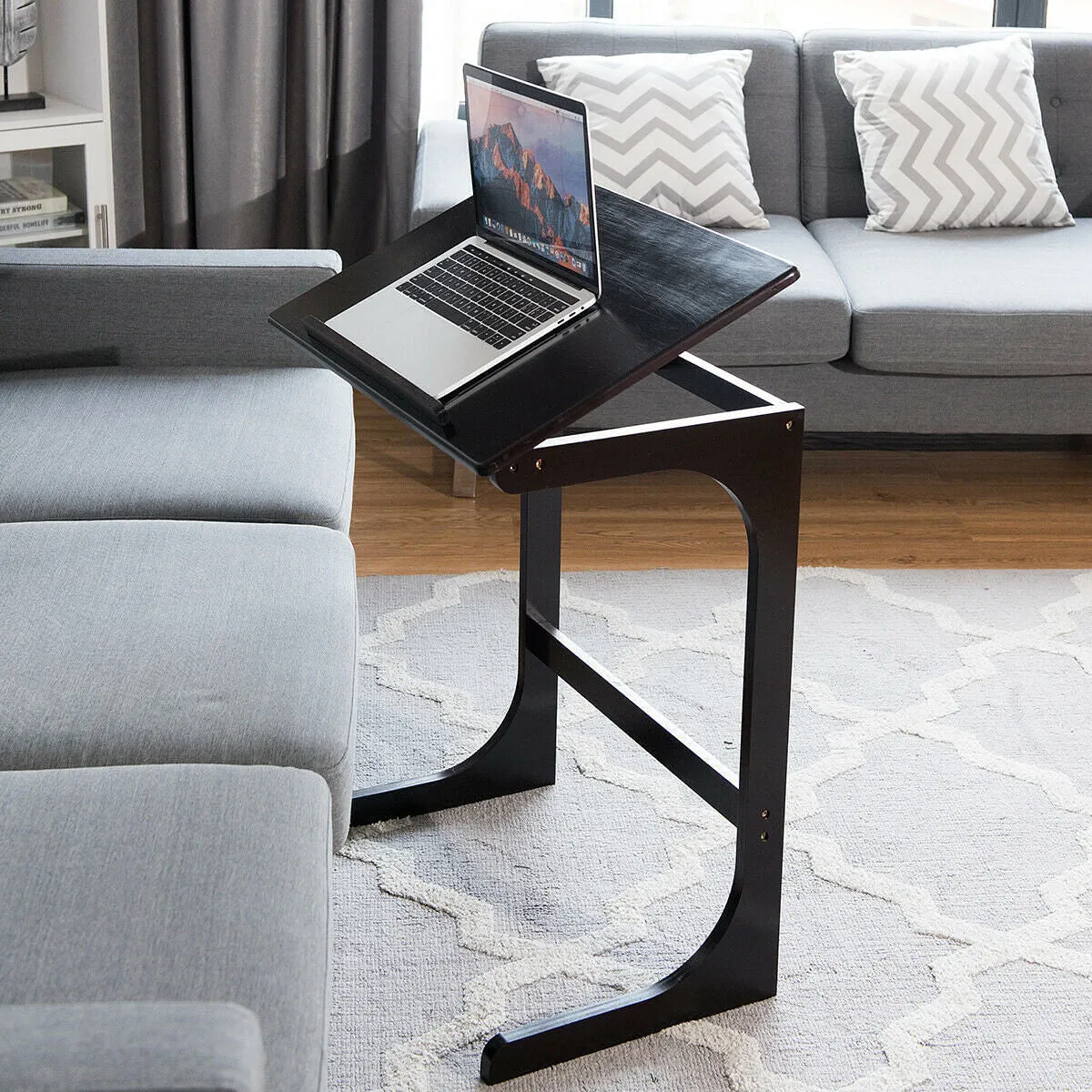 Adjustable C-Shape Couch End Table wth Tilting Top-Brown - Color: Brown