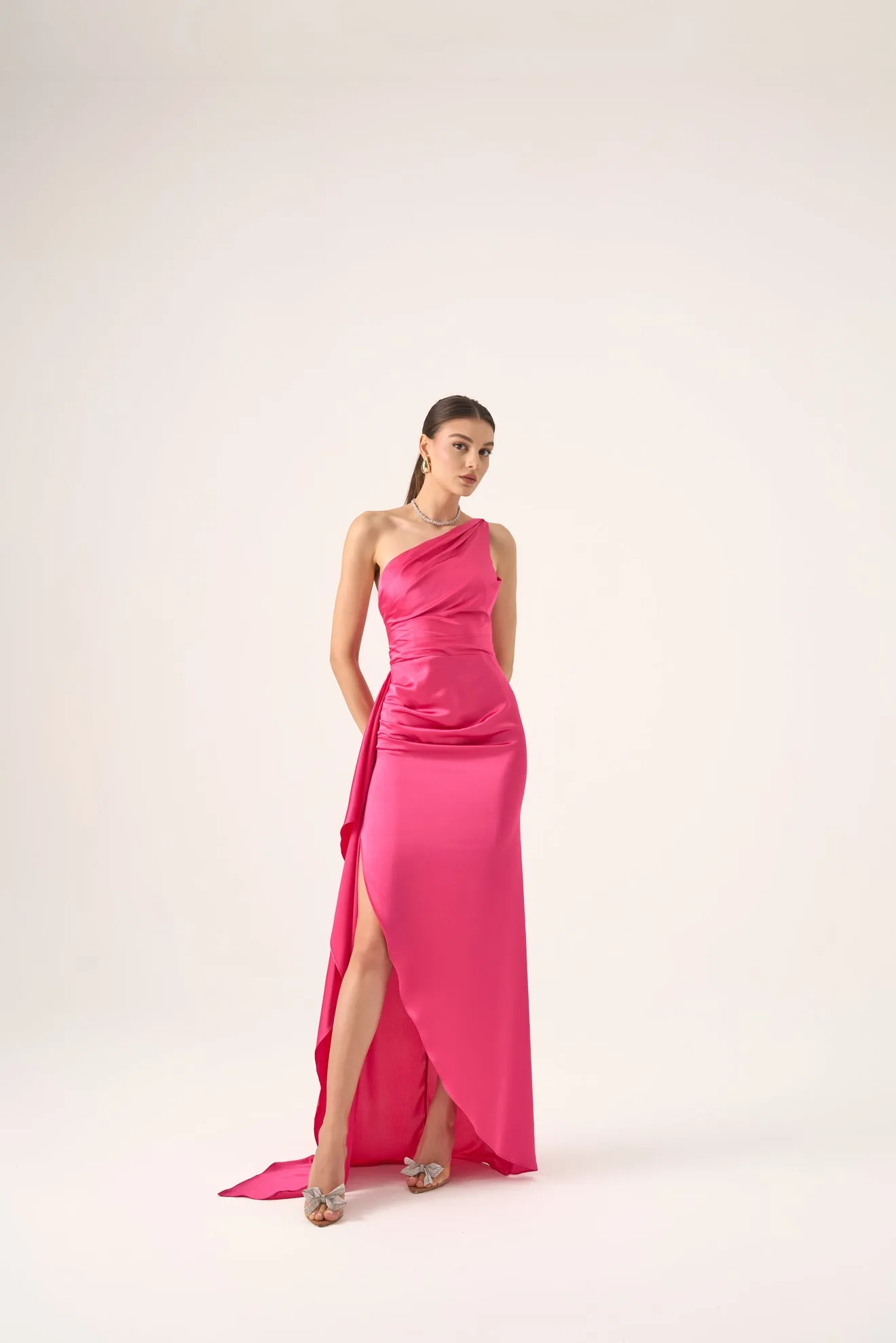 Alice one shoulder ruched slit gown