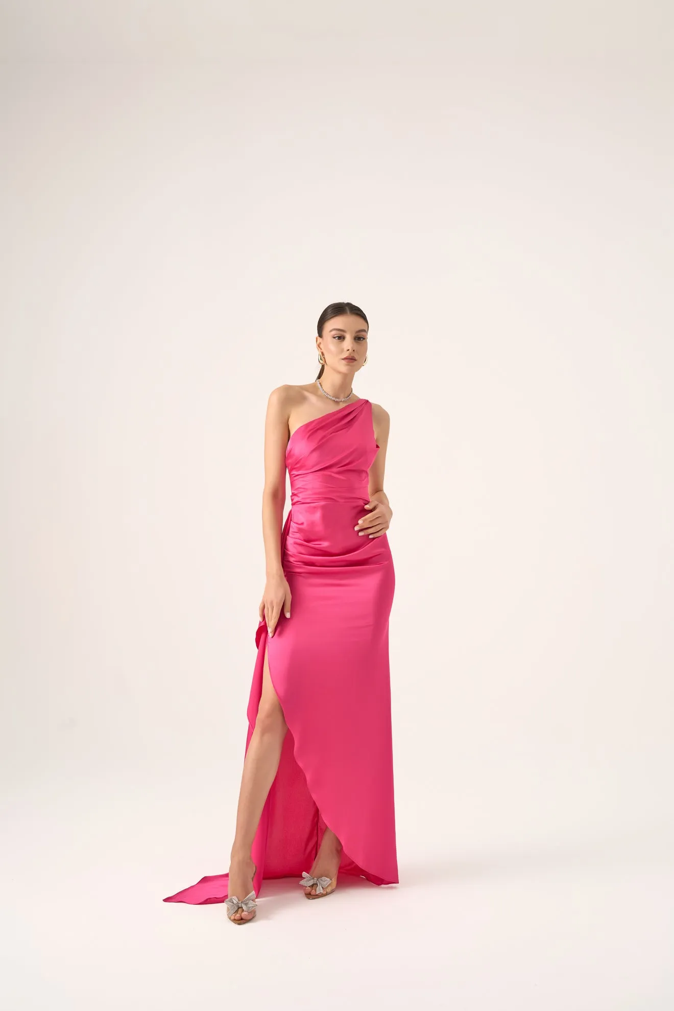 Alice one shoulder ruched slit gown