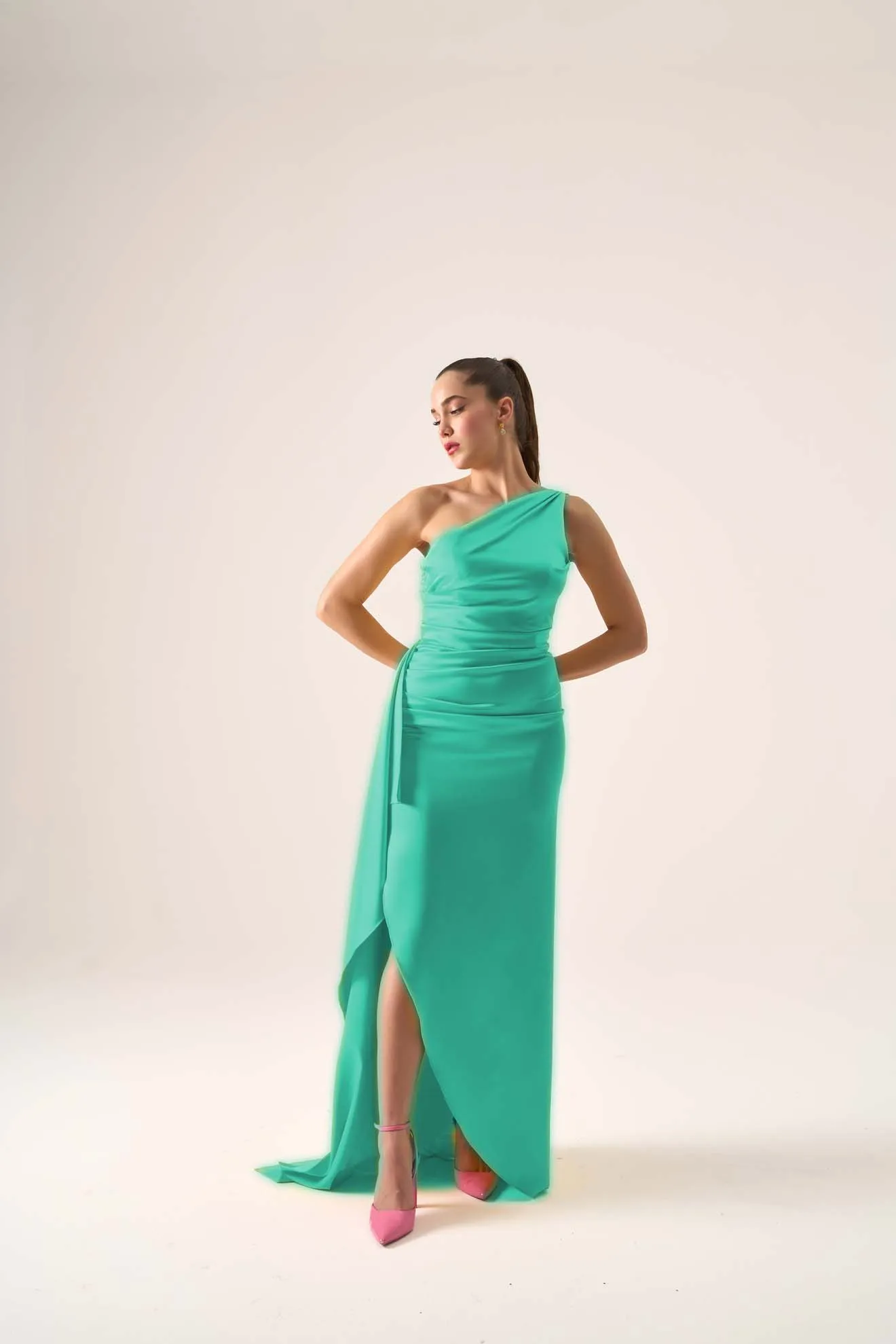 Alice one shoulder ruched slit gown