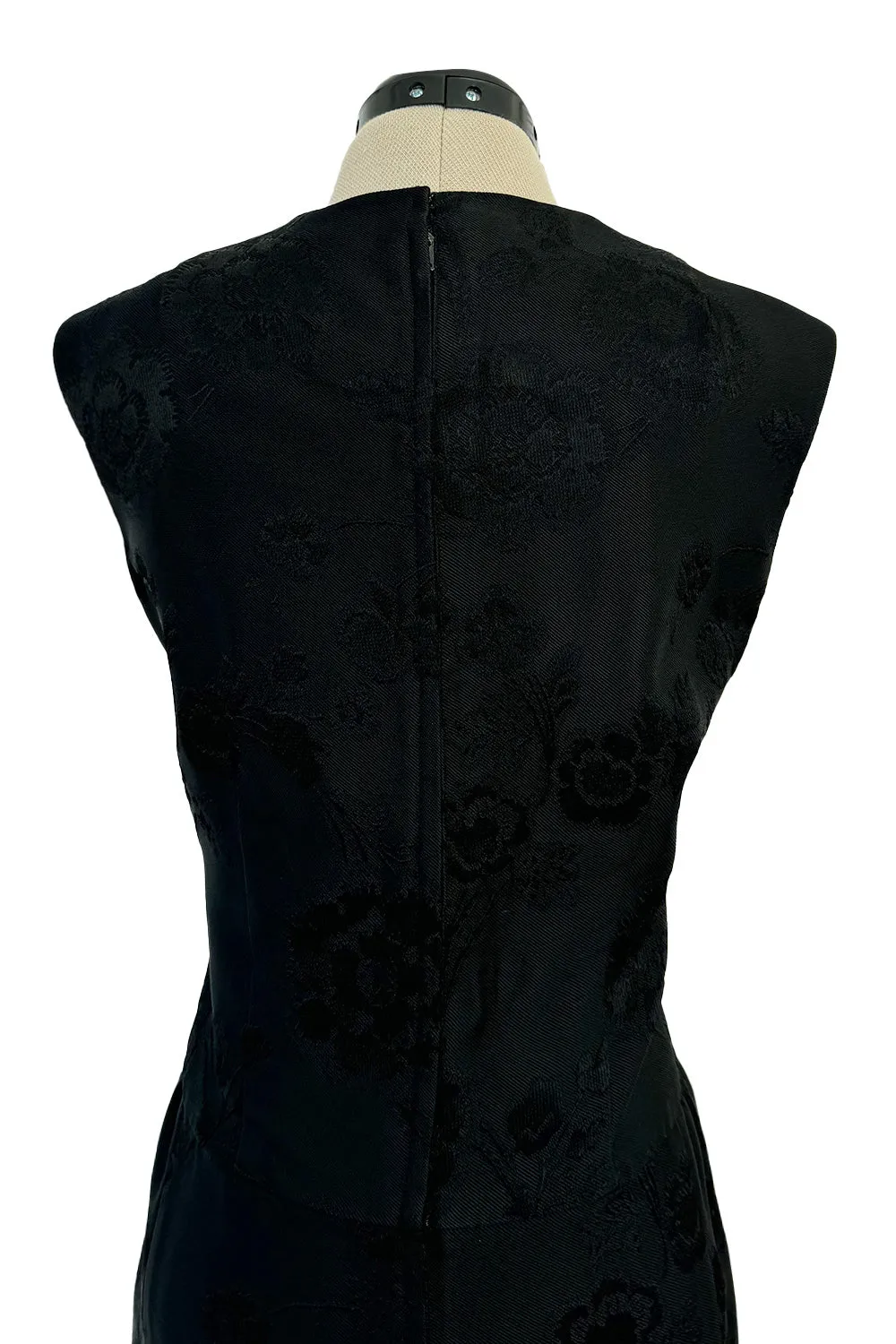 Amazing 1960s Unlabelled Christian Dior by Marc Bohan Black Silk Brocade Shift Dress w Floral Pattern