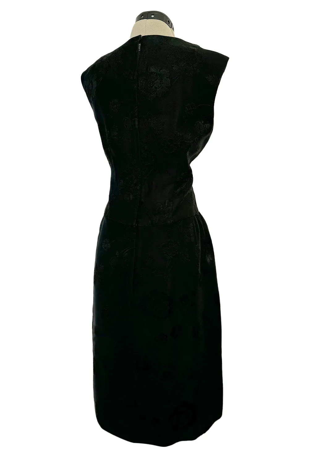 Amazing 1960s Unlabelled Christian Dior by Marc Bohan Black Silk Brocade Shift Dress w Floral Pattern