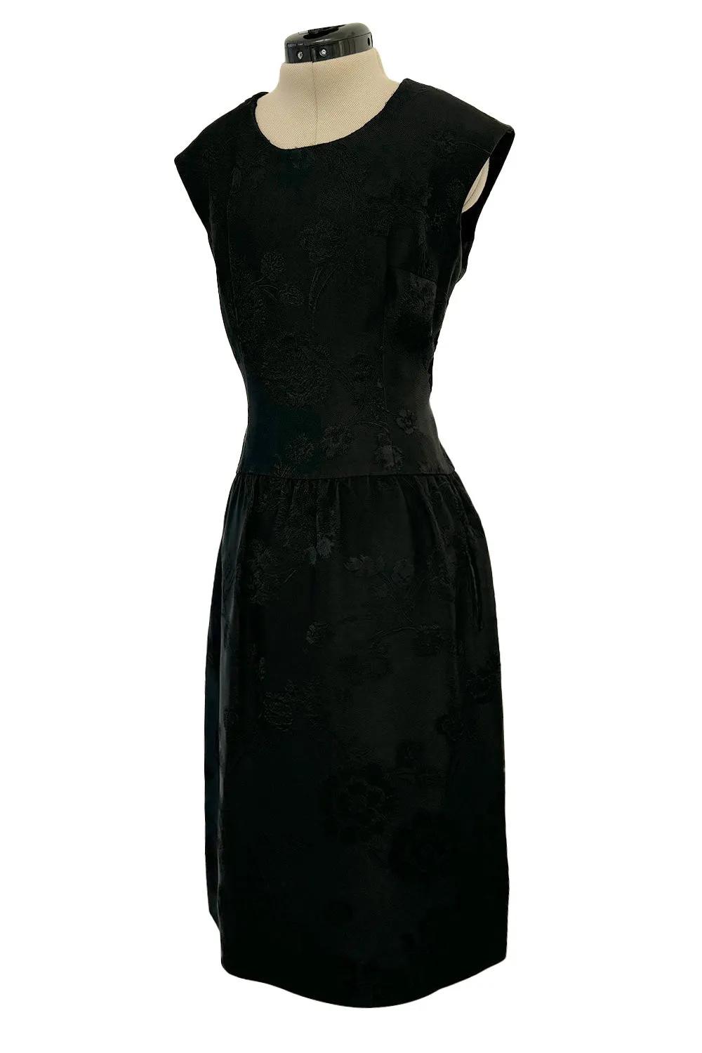 Amazing 1960s Unlabelled Christian Dior by Marc Bohan Black Silk Brocade Shift Dress w Floral Pattern
