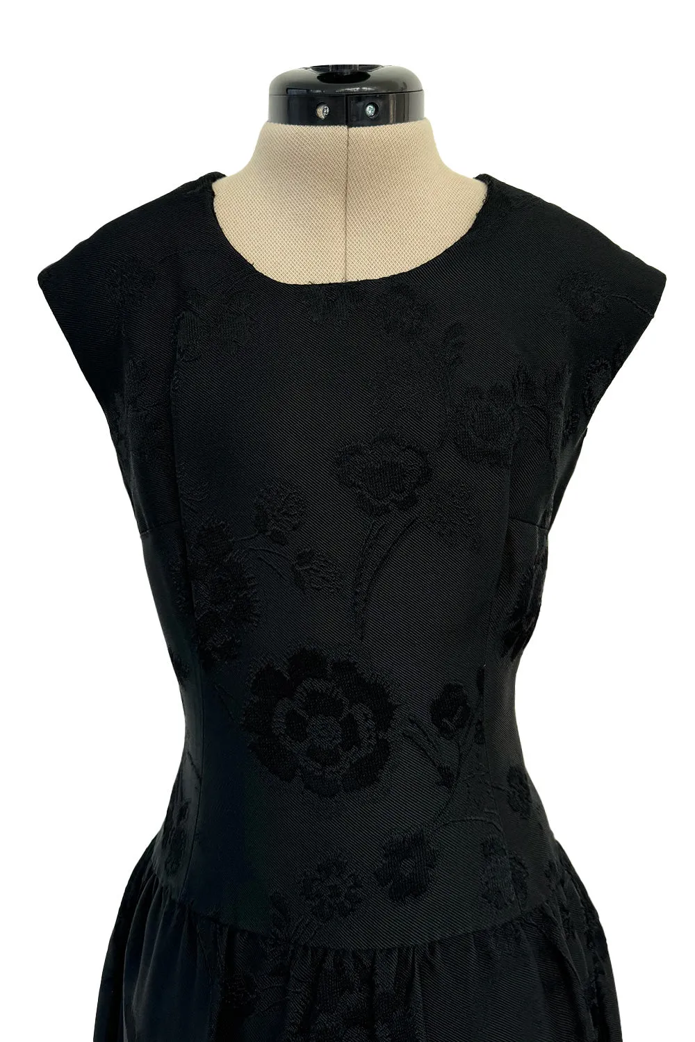 Amazing 1960s Unlabelled Christian Dior by Marc Bohan Black Silk Brocade Shift Dress w Floral Pattern