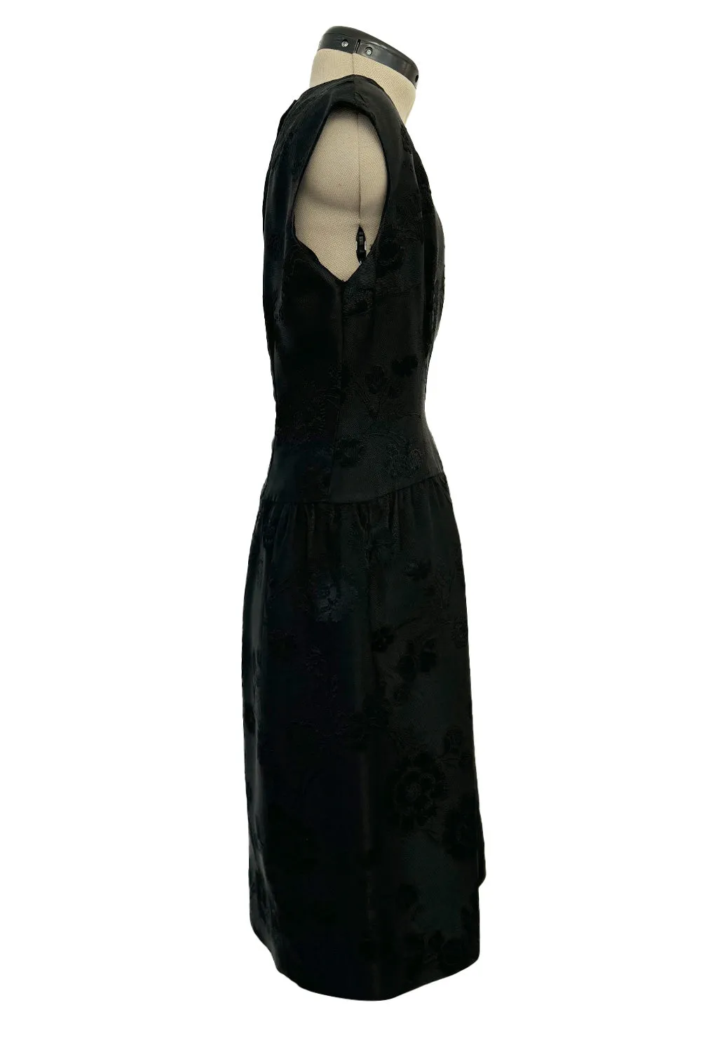 Amazing 1960s Unlabelled Christian Dior by Marc Bohan Black Silk Brocade Shift Dress w Floral Pattern