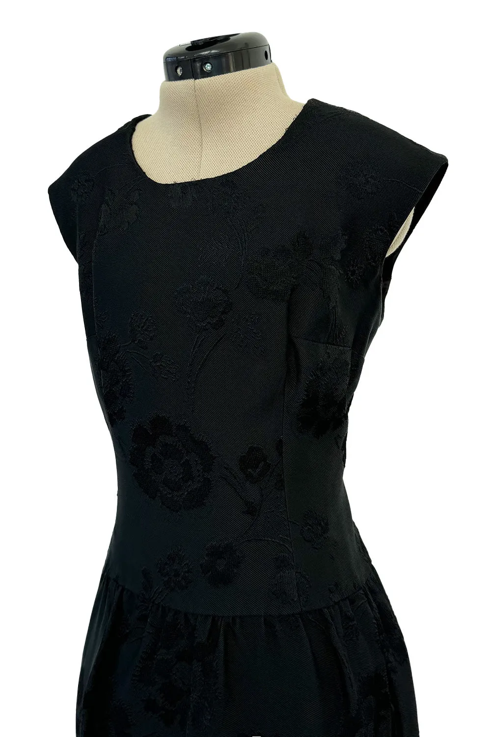 Amazing 1960s Unlabelled Christian Dior by Marc Bohan Black Silk Brocade Shift Dress w Floral Pattern