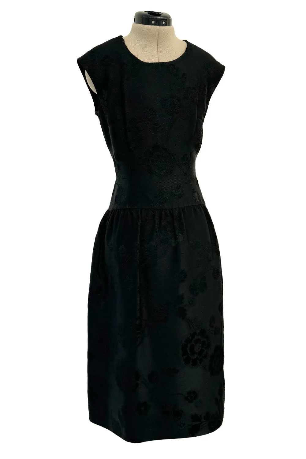 Amazing 1960s Unlabelled Christian Dior by Marc Bohan Black Silk Brocade Shift Dress w Floral Pattern