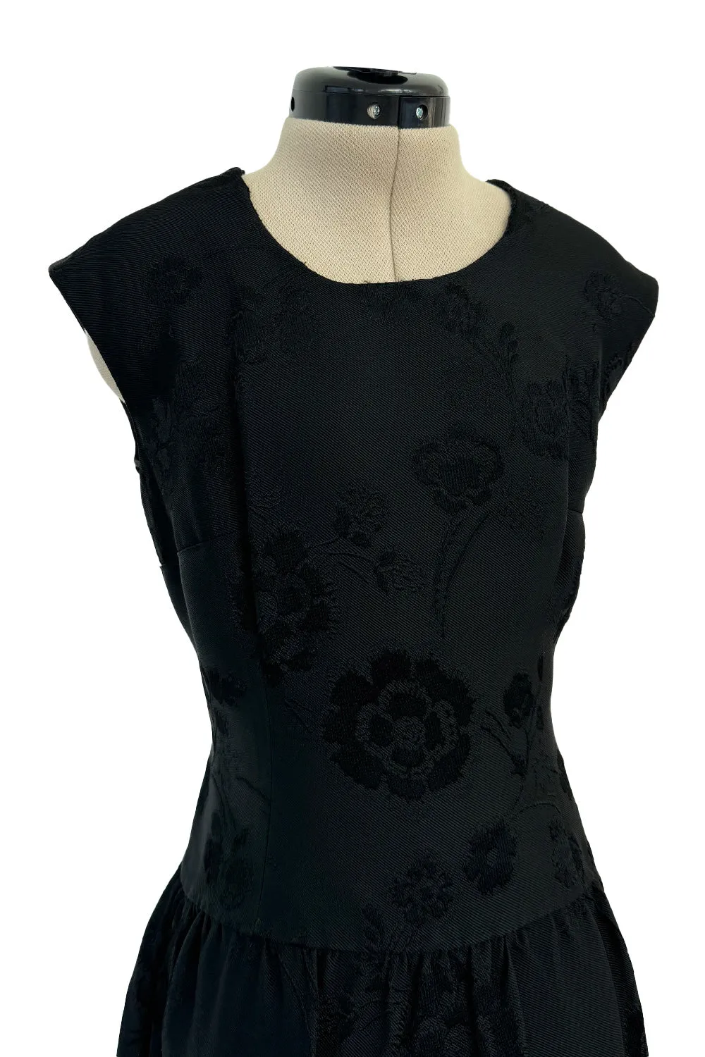 Amazing 1960s Unlabelled Christian Dior by Marc Bohan Black Silk Brocade Shift Dress w Floral Pattern